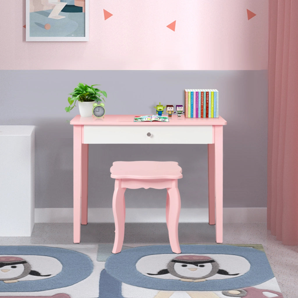 Set toeletta con con specchio tripartito e cassetto per bambini, Scrivania smontabile 2 in 1 per leggere Rosa-Toelette per bimbi