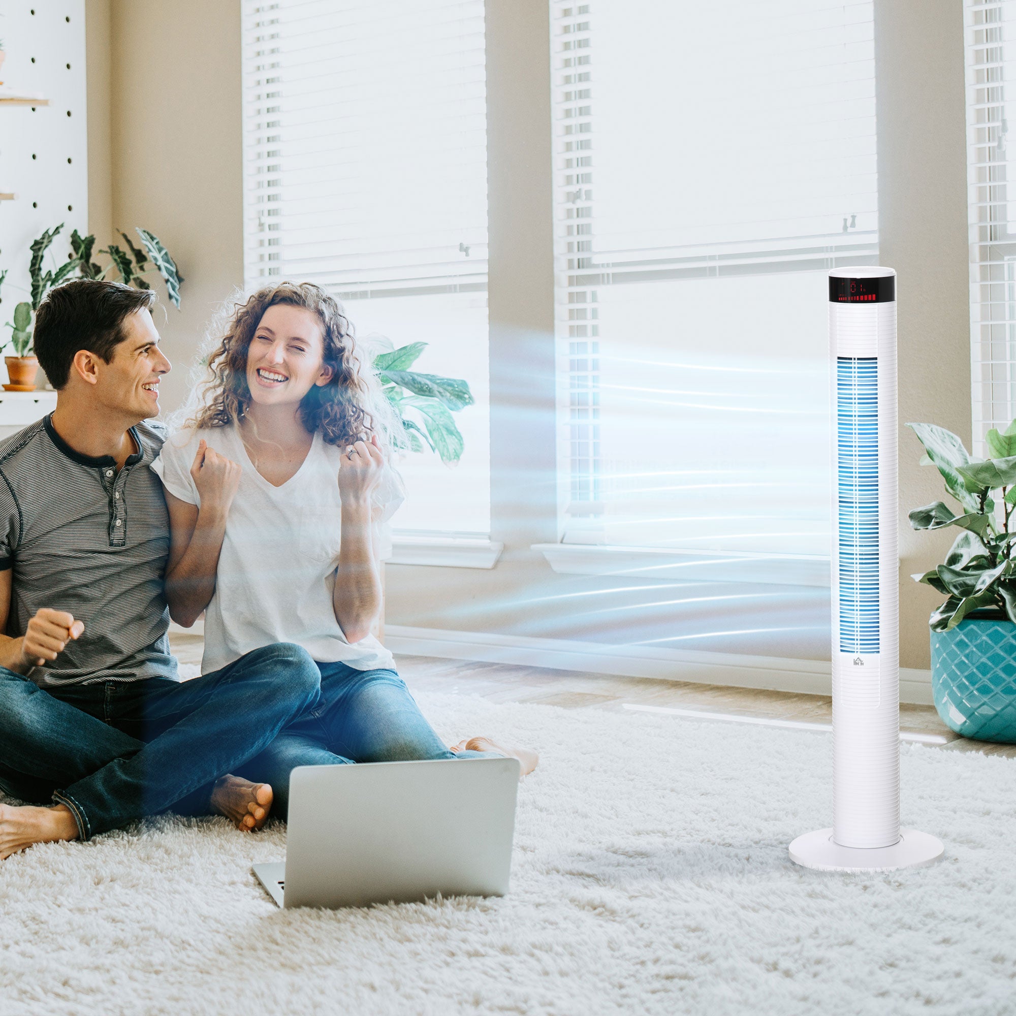 Easycomfort Ventilatore a Colonna con 3 Velocità e 4 Modalità, Timer di 12h, Pannello LED e Telecomando, Bianco