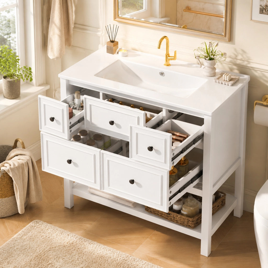 Mobile sottolavabo con lavabo in ceramica e 5 cassetti - per bagno - 76×46.5×82 cm - bianco