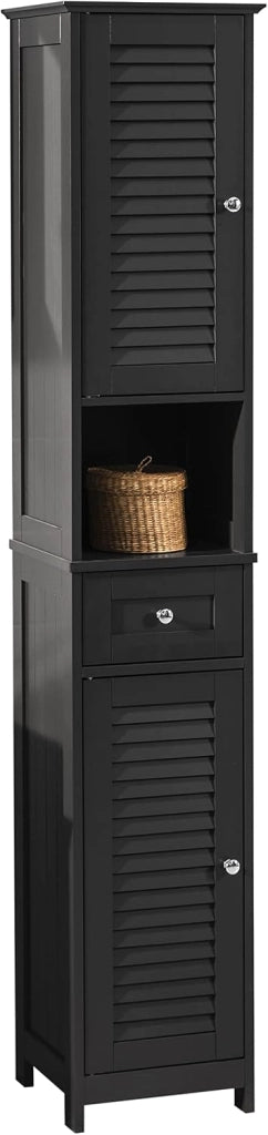 Mobile Colonna Bagno Salvaspazio Bianco Armadio Alto con 2 Ante, 1 Cassetto e Ripiano Aperto Mobiletto Bagno per Lavanderia, WC o Cucina Bianco 32x170x30cm FRG236-W