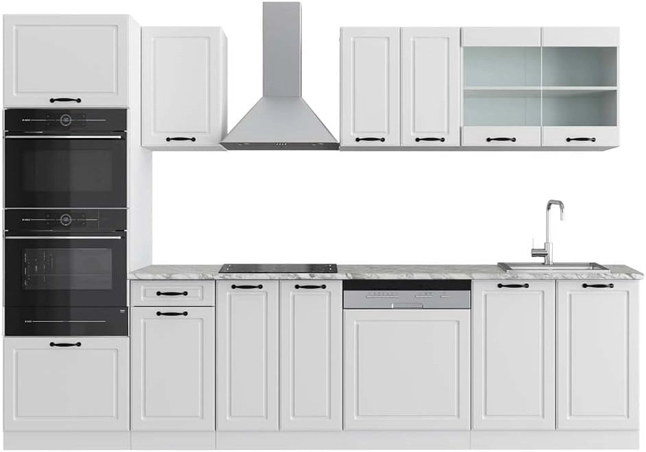 Cucina componibile R-Line, Bianco casa di campagna, 300 cm con armadio alto, PL Marmo, con moduli disposti in modo variabile e piedini regolabili in altezza