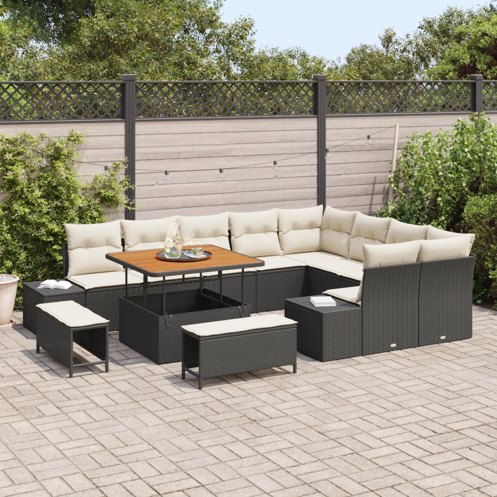 Set Divano Giardino 12 Pezzi con Cuscini Nero Rattan Poliaccia