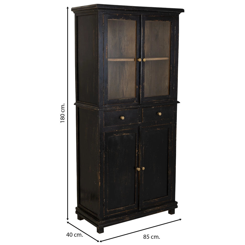 Vetrina in legno e vetro rifinita artigianalmente con 4 ante e 2 cassetti nera 85x40x180