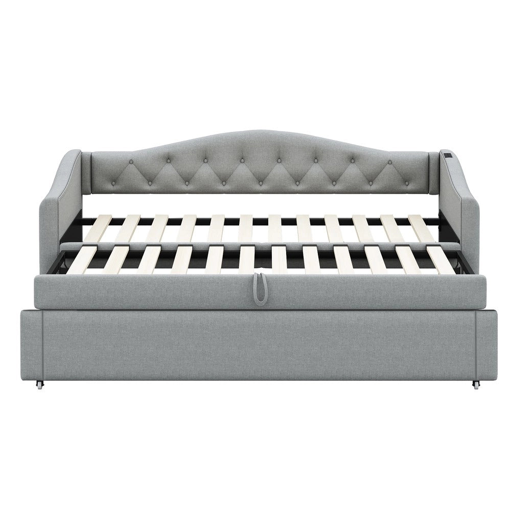 Letto Imbottito Singolo Estraibile con Rete a Doghe ¨C MINIMAL ¨C Tessuto Lino Grigio 90x200