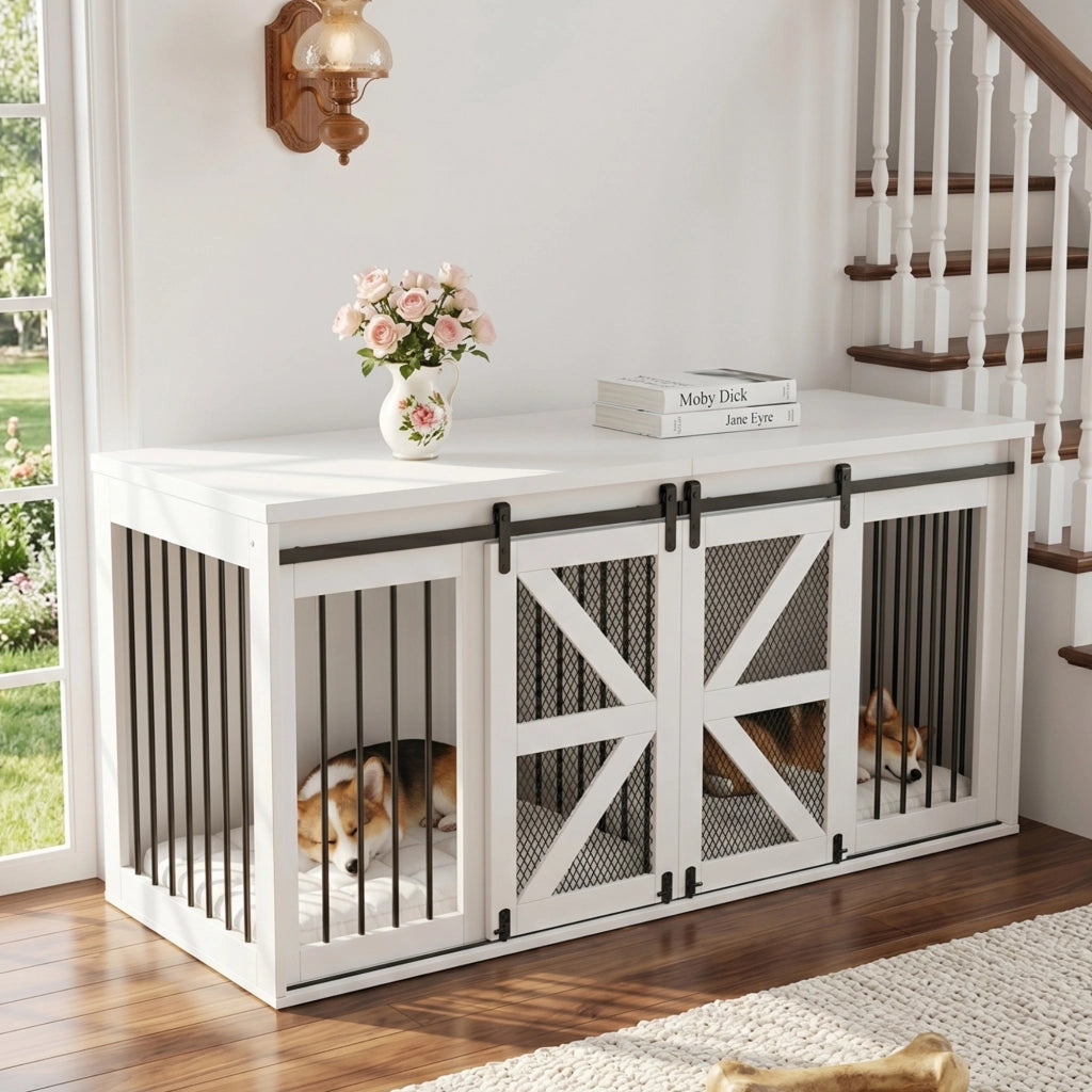 Cuccia per cani con divisorio centrale fisso e porte scorrevoli in MDF e metallo bianco 160 × 60 × 75 cm