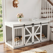 Cuccia per cani con divisorio centrale fisso e porte scorrevoli in MDF e metallo bianco 160 × 60 × 75 cm