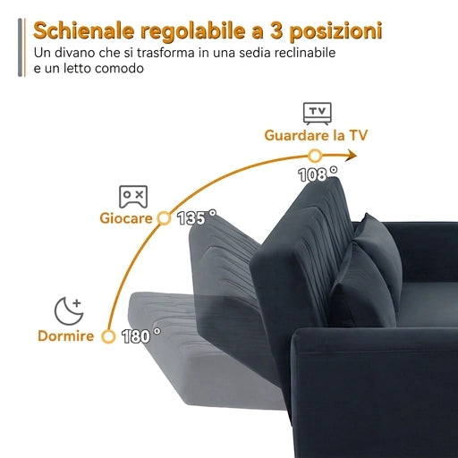 Divano letto 2 posti 180 cm con schienale reclinabile indipendente; velluto nero