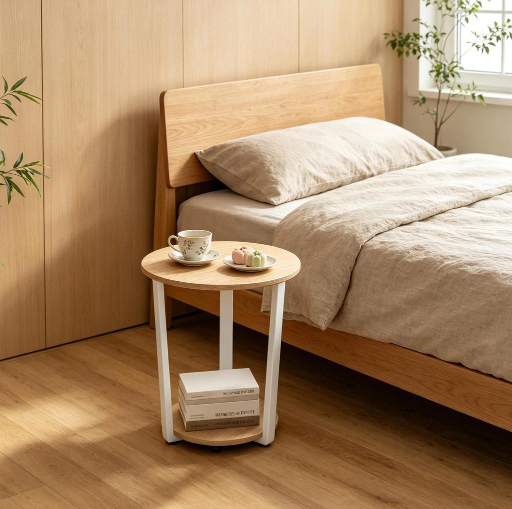 Tavolino rotondo con 2 ripiani, metallo e legno, rovere chiaro e bianco