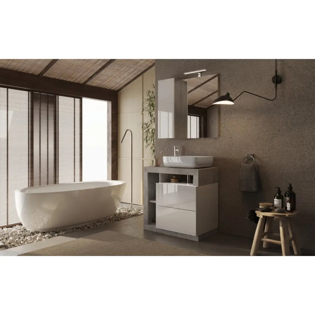 Mobile da bagno BURA – 79 cm – Bianco lucido e cemento – Lavabo incluso – 2 cassetti