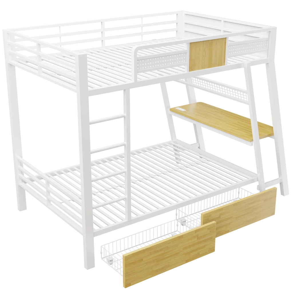 Letto a castello 90x200 cm bianco in metallo; scrivania con prese USB e Type-C