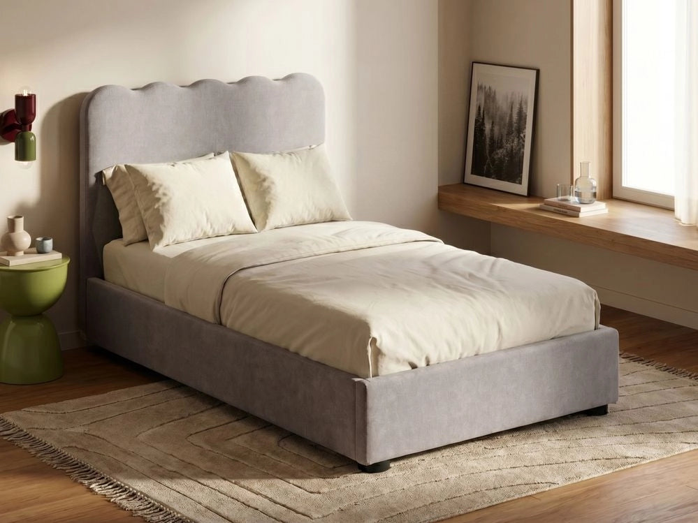 Letto in tessuto di ciniglia imbottito color tortora 120 x 200 cm contenitore elevabile con testiera e rete a doghe