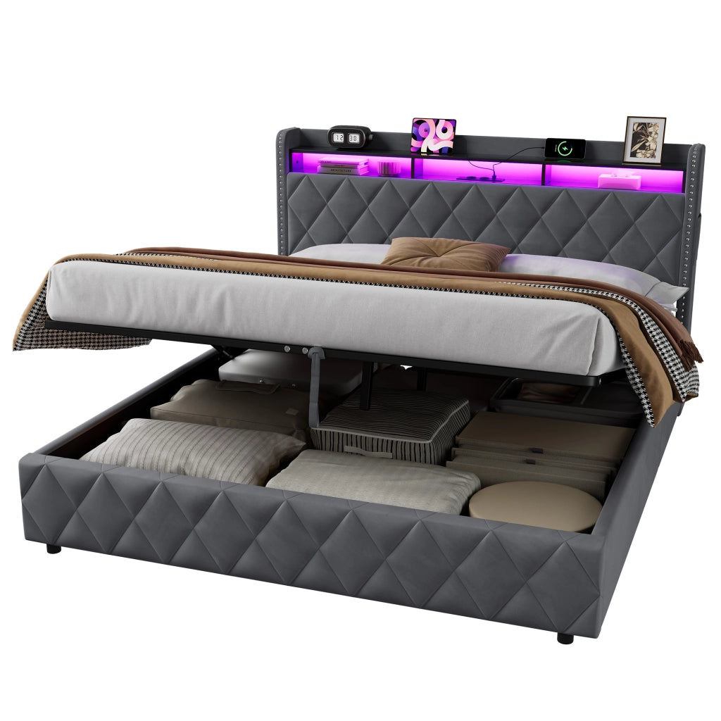 Letto Imbottito 180x200 cm con Contenitore, LED e USB, Grigio Scuro