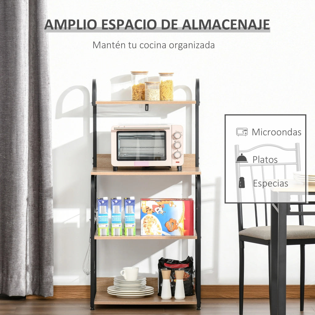 Libreria da Cucina 4 Livelli con Gancio ¨C Minimal ¨C Legno Naturale 60x40x125 cm