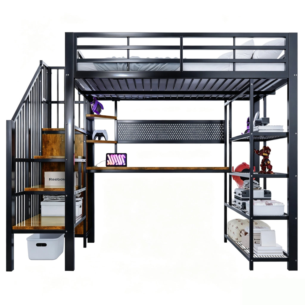 Letto a soppalco 140x200 cm in metallo nero con scrivania e LED