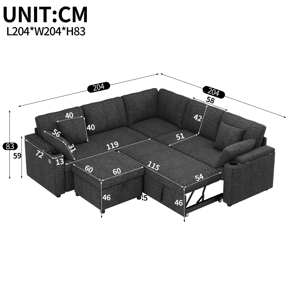 Divano angolare con letto estraibile, pouf mobile, USB e porte bicchieri, contenitori nei braccioli, in ciniglia grigia