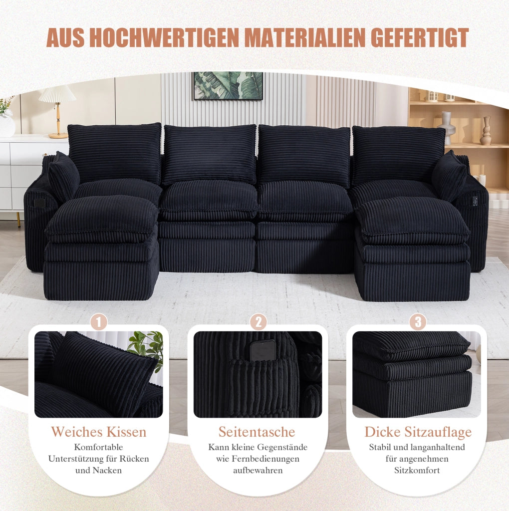 Divano modulare in velluto a coste nero con tasche laterali; 335×167×85 cm