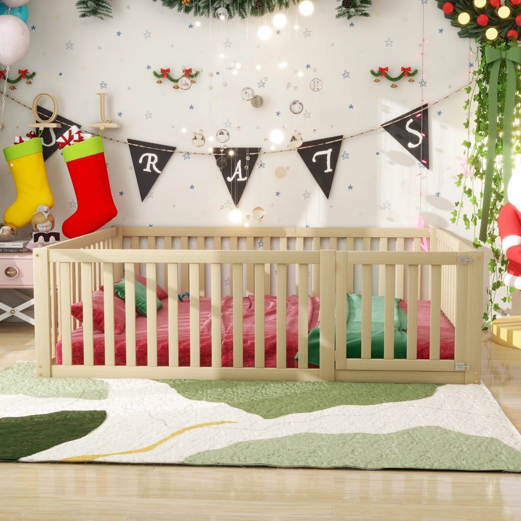 OKWISH Letto Bambini 140×200 cm, Letto Singolo con Sponda 60 cm, Porta e Design a Pavimento, senza Materasso, in Legno Naturale