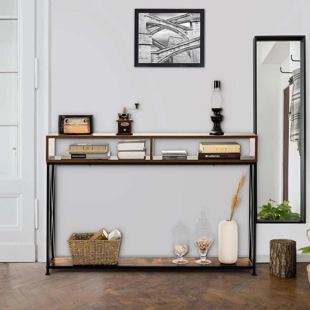Tavolo Consolle Ingresso, Tavolini Stretto a 3 Ripiani, Salvaspazio e Multiuso, in Ferro, Industriale, Portata di 45 kg, 120x23x79cm, 3 Colori Disponibili, Nero/Bianco/Marrone