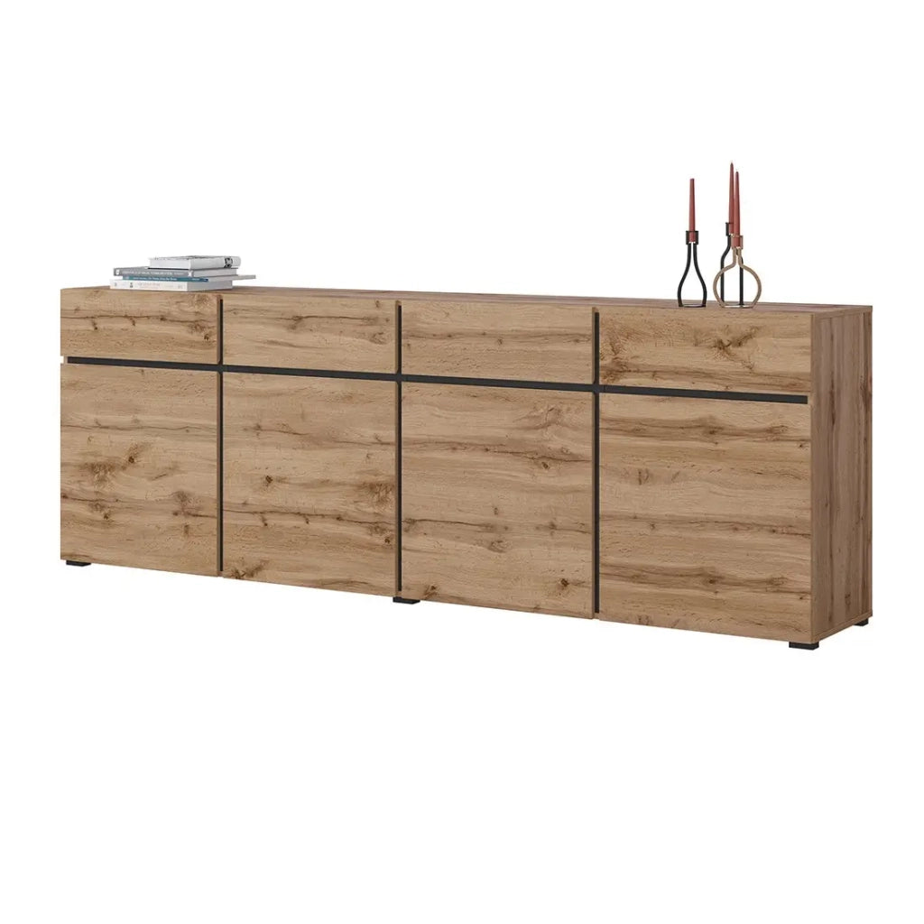 Buffet XL coloris chêne et noir 225cm collection HAVANA. Credenza design con 4 porte e 4 cassetti.