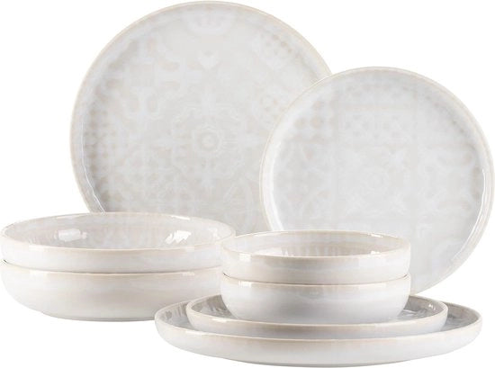 Servizio da Tavola Moderno Vintage per 2 Persone in Design Moresco - 8 Pezzi - Ceramica in Bianco