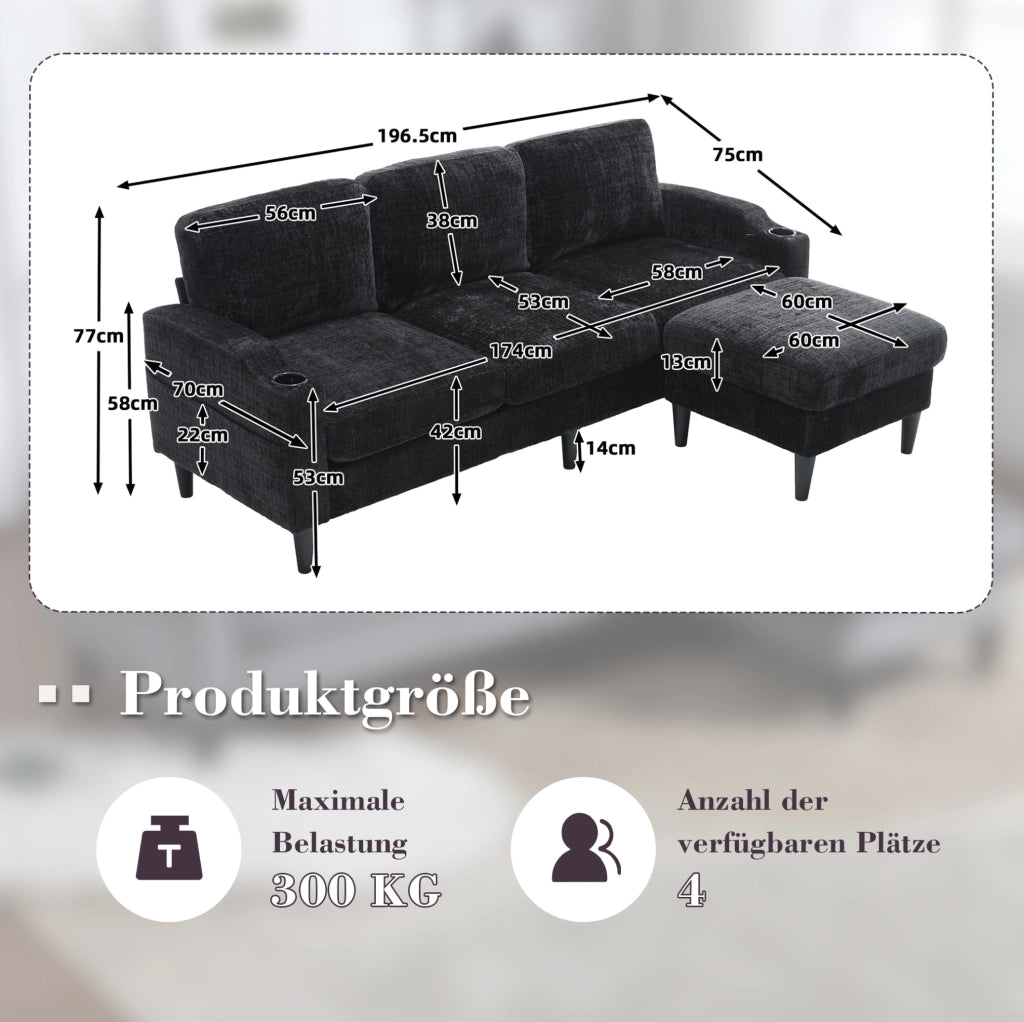Divano 4 posti con pouf contenitore 196.5x75x77 cm in chenille nero