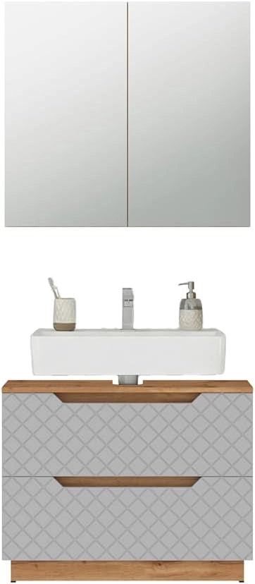 Set di mobili da bagno Lotta, Rovere/grigio con struttura in piastrelle, 2 parti