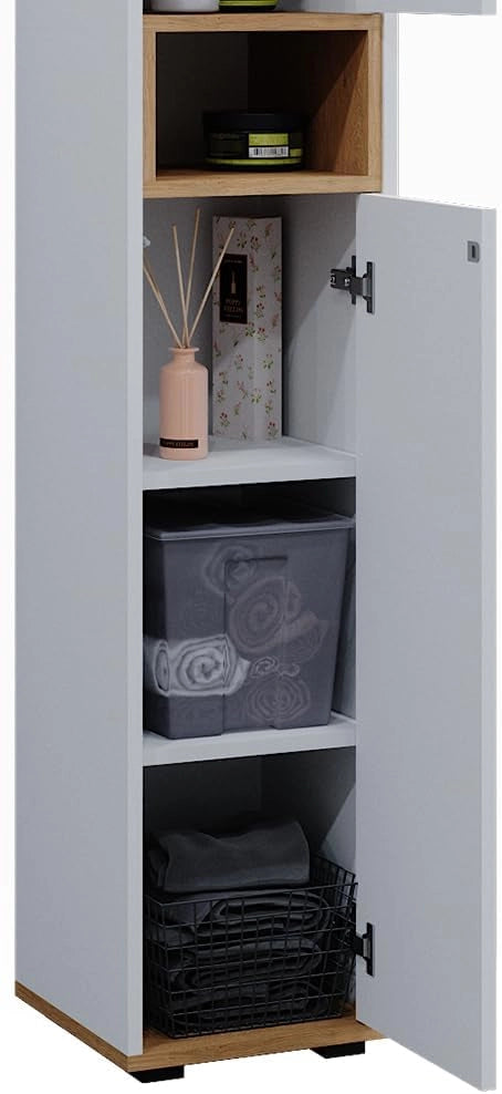Armadio per il bagno Didi, Bianco/Artisan, 30 x 192 cm con 2 porte, per la conservazione di articoli da bagno e prodotti per la cura personale
