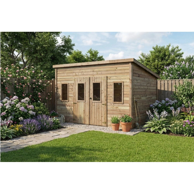 Casetta da giardino in legno Douglas 380x280 cm – Spessore pareti 28 mm – Tetto acciaio con lucernari – DAN4030.02 Foresta