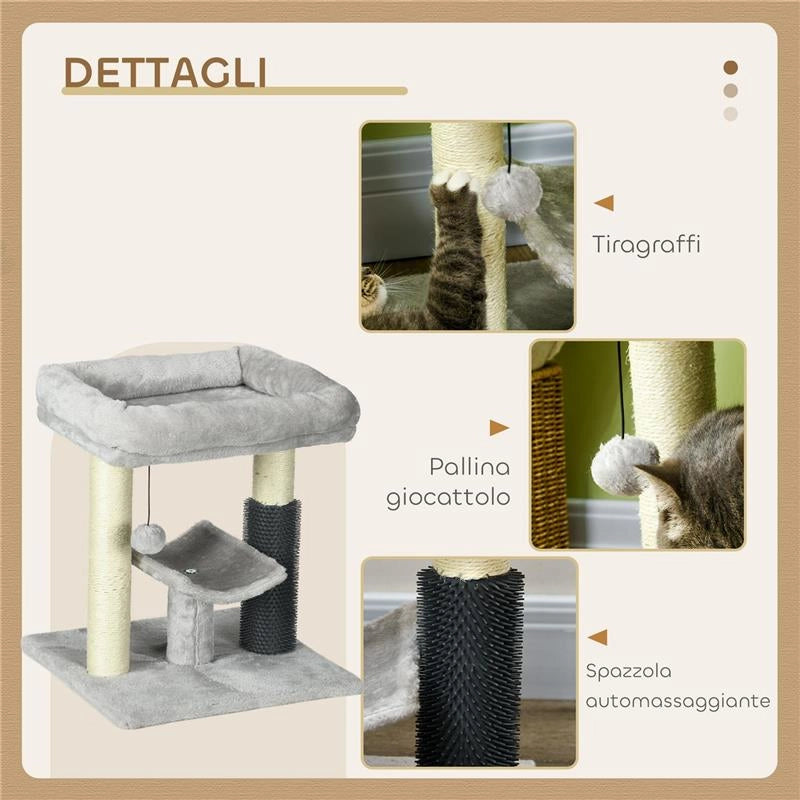 ALBERO TIRAGRAFFI CON LETTINO, PIATTAFORMA, SPAZZOLA E PALO IN SISAL, 40X40X48 CM, GRIGIO