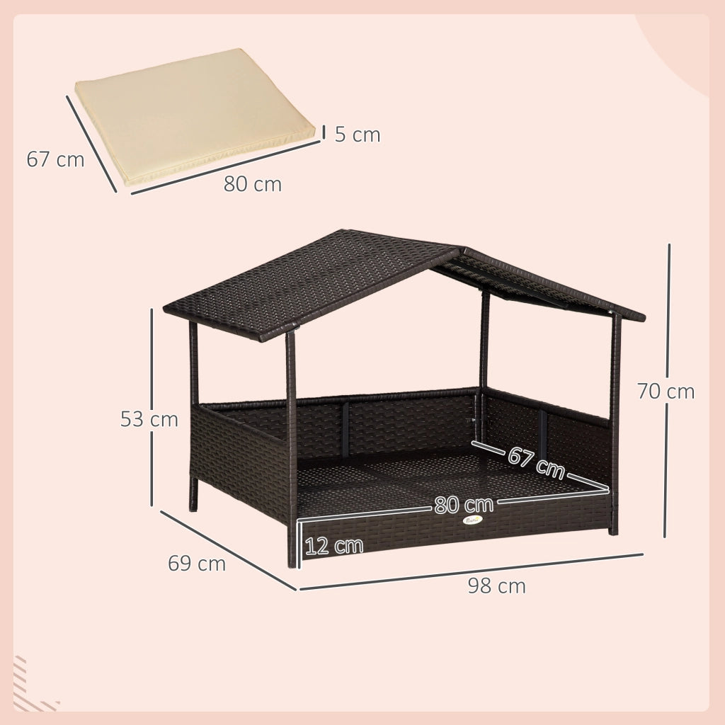 Casetta da giardino con tetto e cuscino per cani medi in rattan PE marrone con telaio in acciaio 98 × 69 × 73 cm