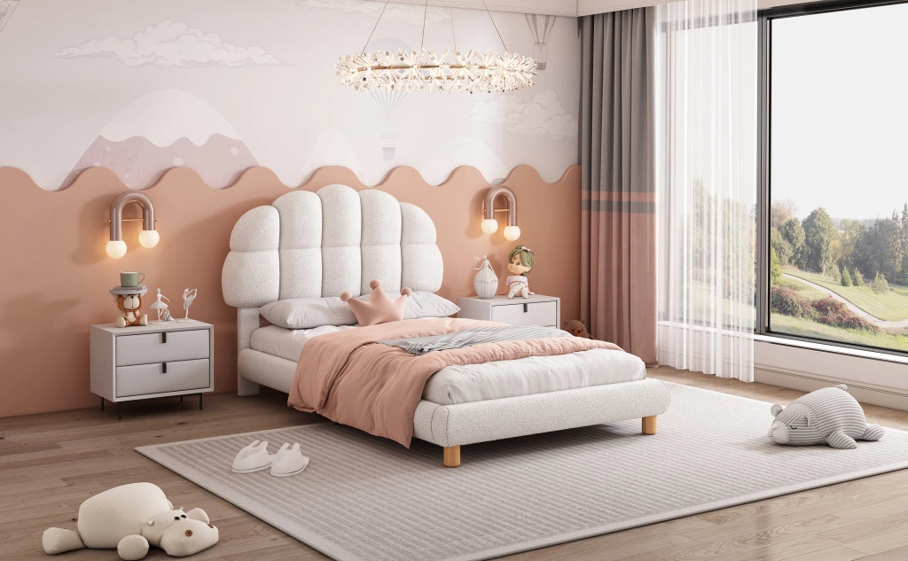 DESMIU Letto singolo 1 posto con testiera regolabile, senza materasso, superficie 90 × 200 cm, bouclé bianco