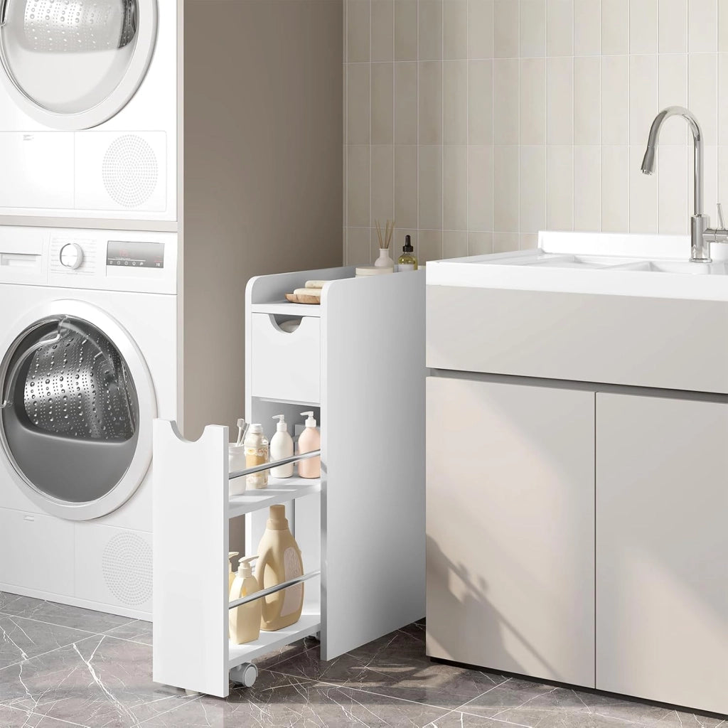 Mobile Bagno Stretto con 2 Cassetti, Mobiletto Compatto Salvaspazio, Armadietto Bagno Verticale, Multifunzionale con Ripiano Aperto, Bianco