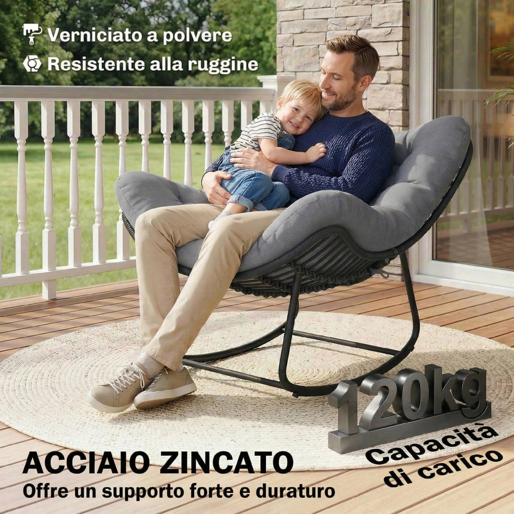 Sedia a Dondolo in Rattan con Cuscino Morbido per Giardino, Balcone, Grigio Scuro