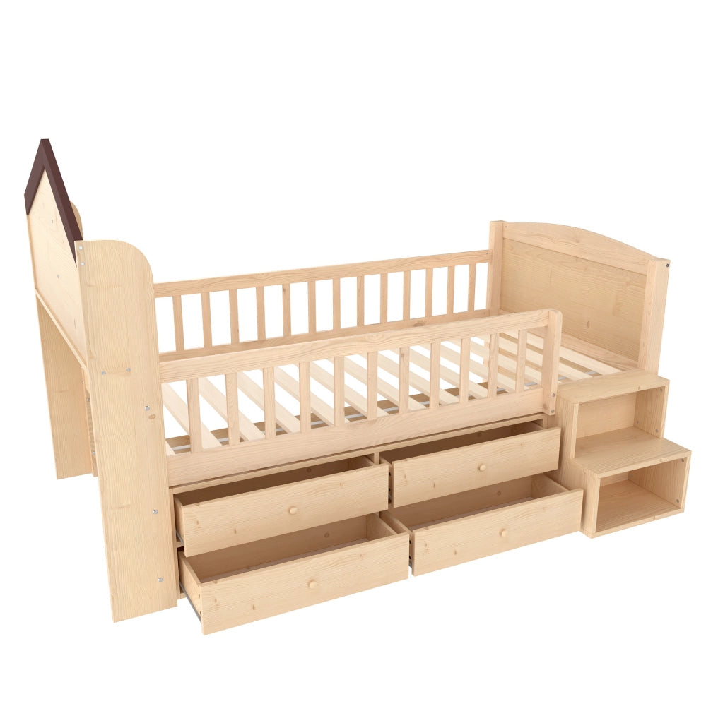 Letto per bambini a casetta 90x200 cm con LED, 4 cassetti e scala contenitore