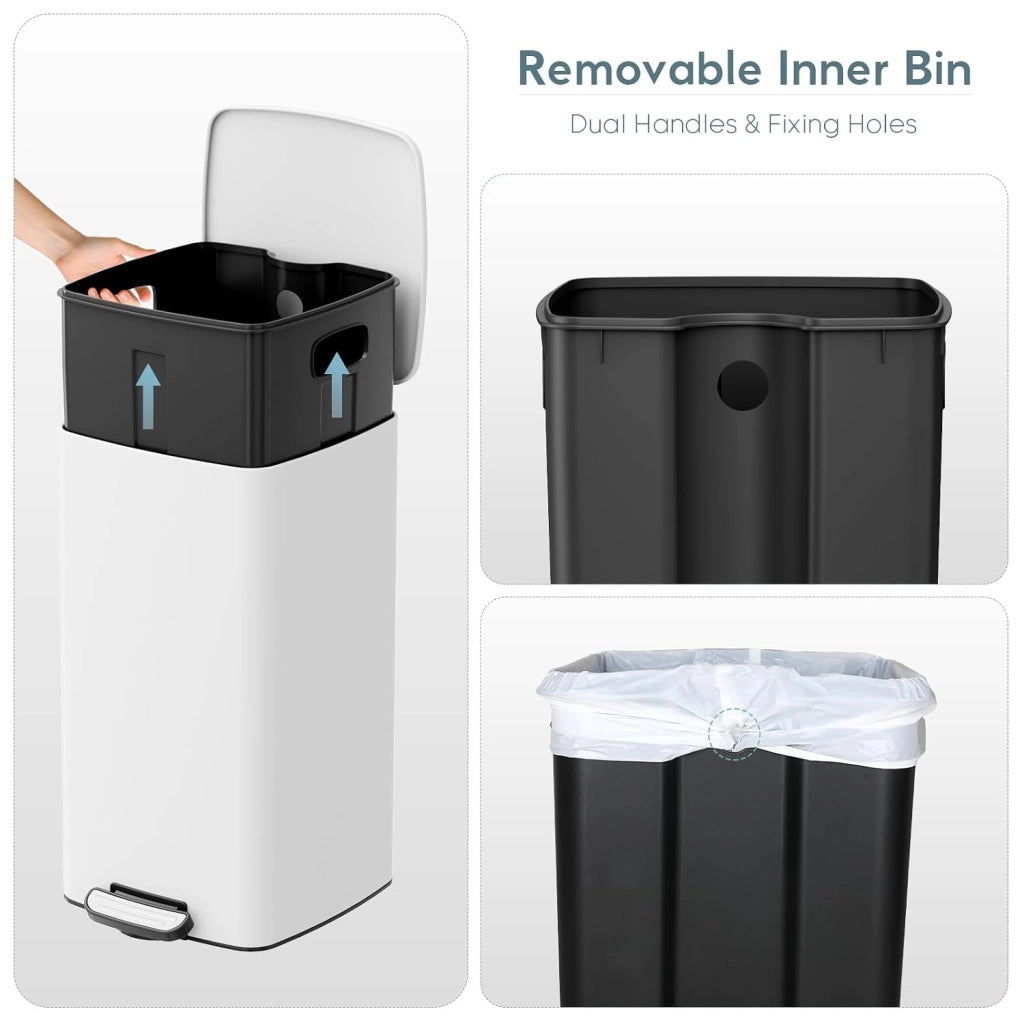 Pattumiera Cucina 30 L a Pedale, Pattumiera Rettangolare in Acciaio con Coperchio Soft-Close, Secchio Interno e Funzione di Mantenimento Aperto, per Cucina, Soggiorno e Ufficio – Bianco
