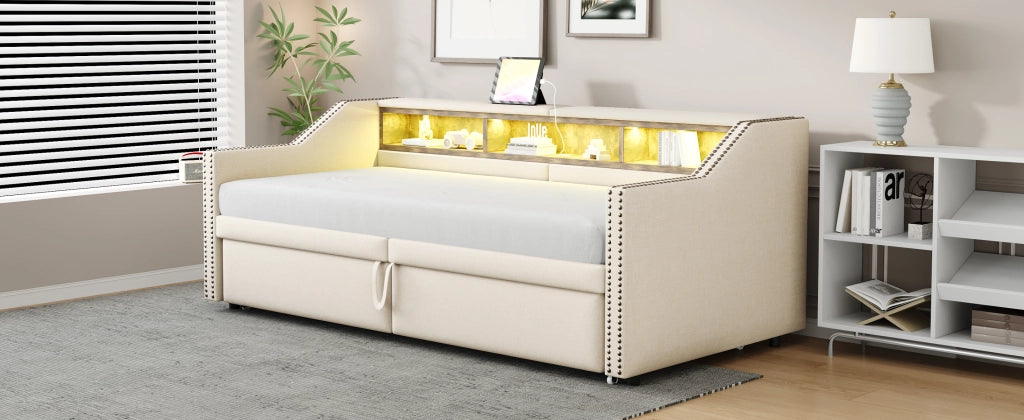 Poltrona letto estraibile 90/180x200 cm con vani laterali, USB, struttura imbottita beige