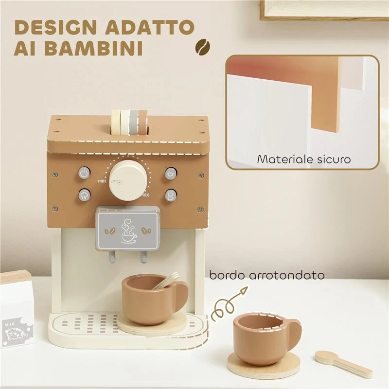 SET MACCHINA DEL CAFFÞ GIOCATTOLO IN LEGNO PER BAMBINI DA 3 ANNI CON ACCESSORI, MARRONE