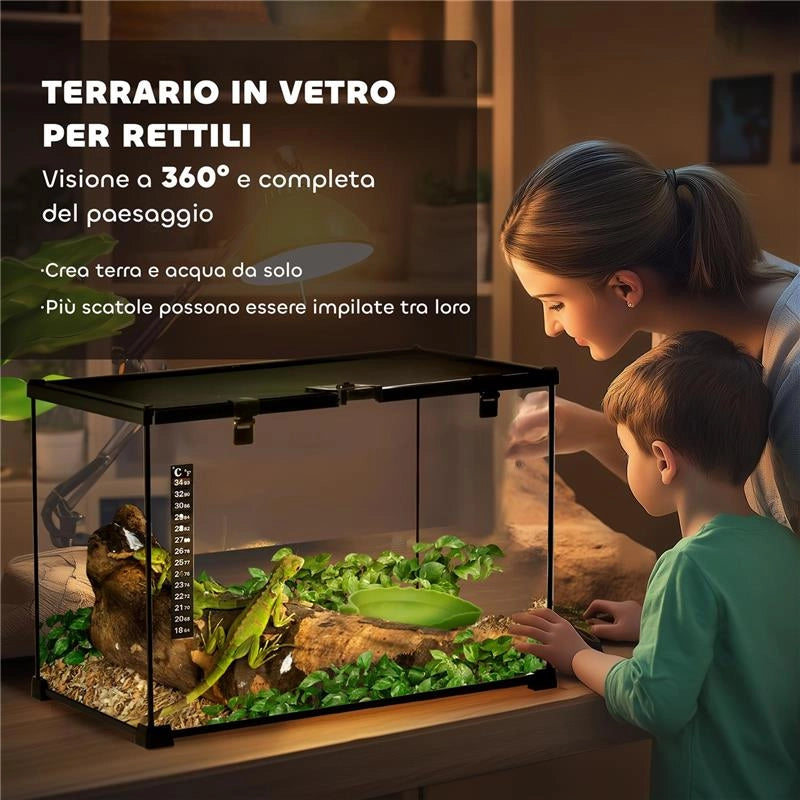 TERRARIO PER RETTILI RIALZATO CON SERRATURA E TERMOMETRO, IN VETRO E RETE METALLICA, 50X30X35 CM, NERO