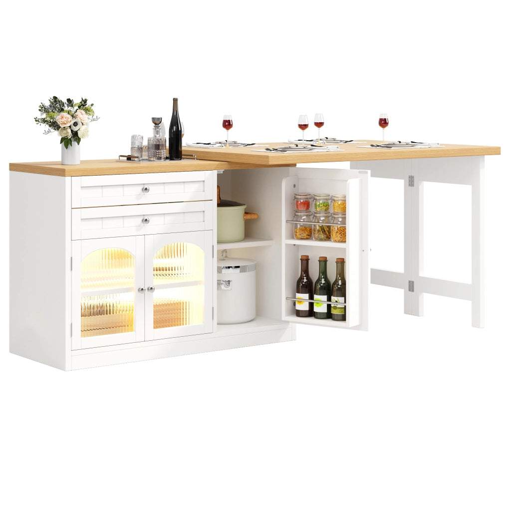 Tavolo da pranzo estensibile con piano girevole a 360°; 2 cassetti e ante in vetro; 120 × 40 × 73;5 cm