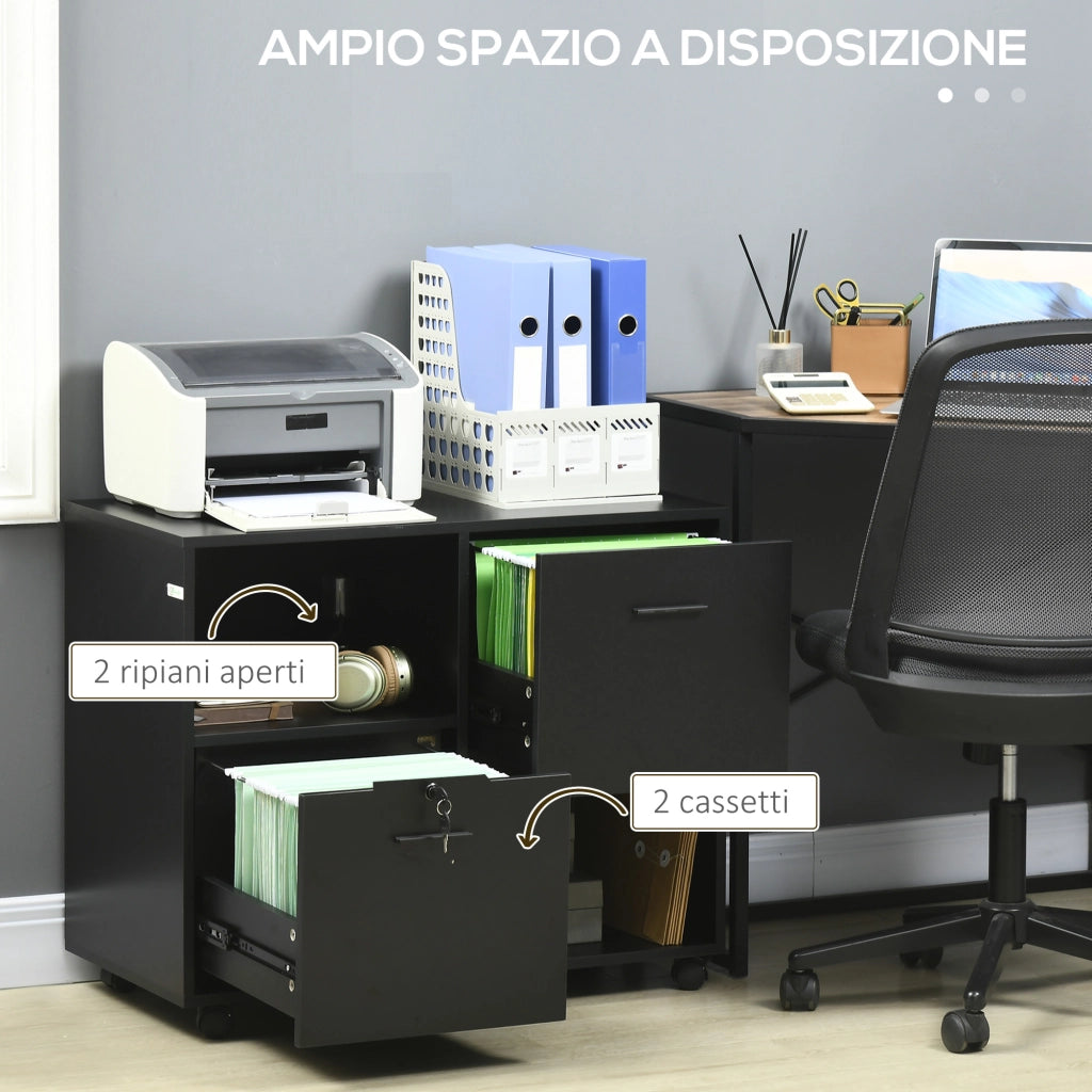 Mobile da Ufficio con 2 Cassetti Porta Documenti e Ripiani, Ruote con Blocco, 80x40x66cm, Nero