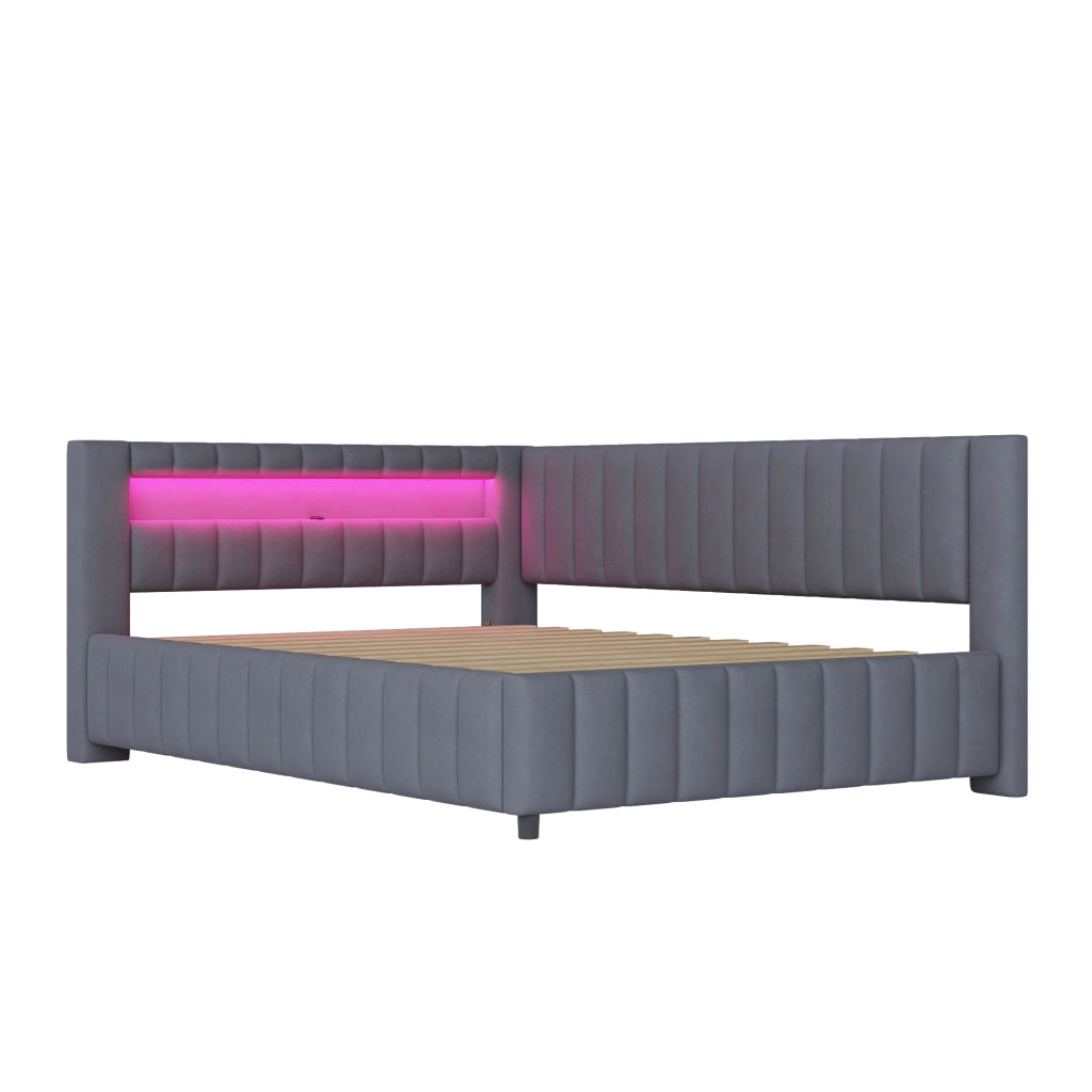 DESMIU Letto divano 140 × 200 cm 2 posti con LED, USB e schienale, senza materasso, in velluto, grigio