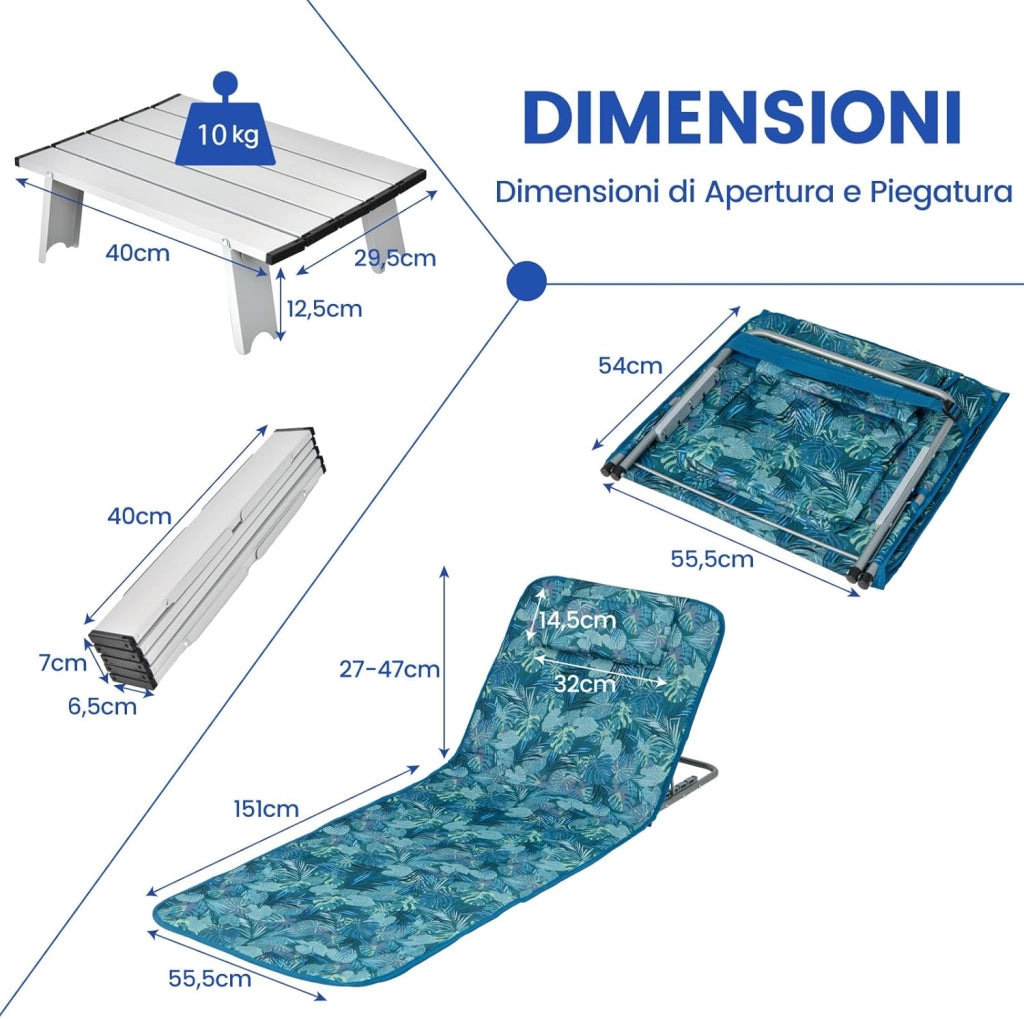 Set 2 Sdraio da Spiaggia con Tavolino, Tappettino Spiaggia Pieghevole con Schienale Reclinabile, Poggiatesta e Tasca Posteriore, Portatile con Manico, per Giardino e Campeggio (Verde)