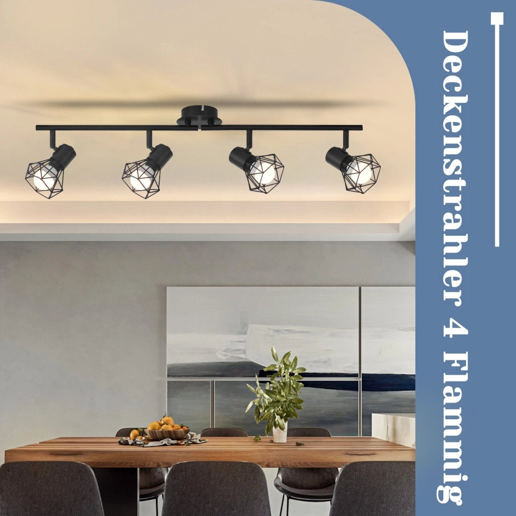 ZMH Lampada da soffitto 4 faretti orientabili 350° stile industriale retrò nero metallo E14 per soggiorno cucina