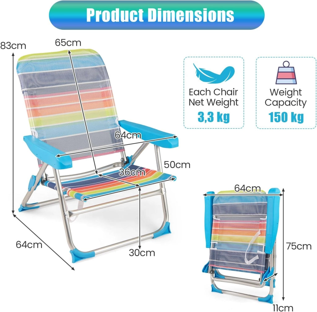 Set di 2 Sedie da Spiaggia Pieghevoli, Spiaggina con Schienale Regolabile in 5 Posizioni, Sdraio Reclinabile con Cinghia di Trasporto, Lettino Prendisole, Carico 150kg, Colorato (Medio)