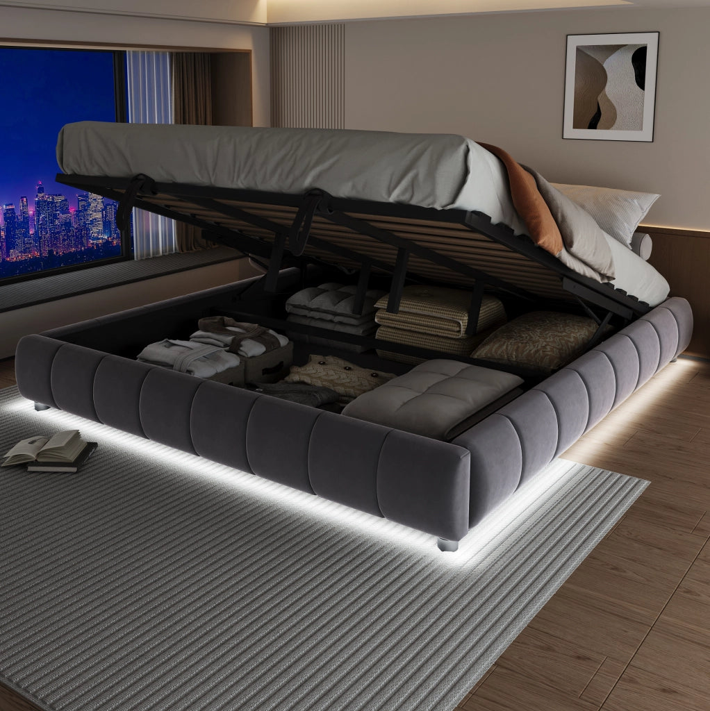 Letto imbottito 180x200 cm con contenitore idraulico e barra LED bianca; senza testiera; grigio