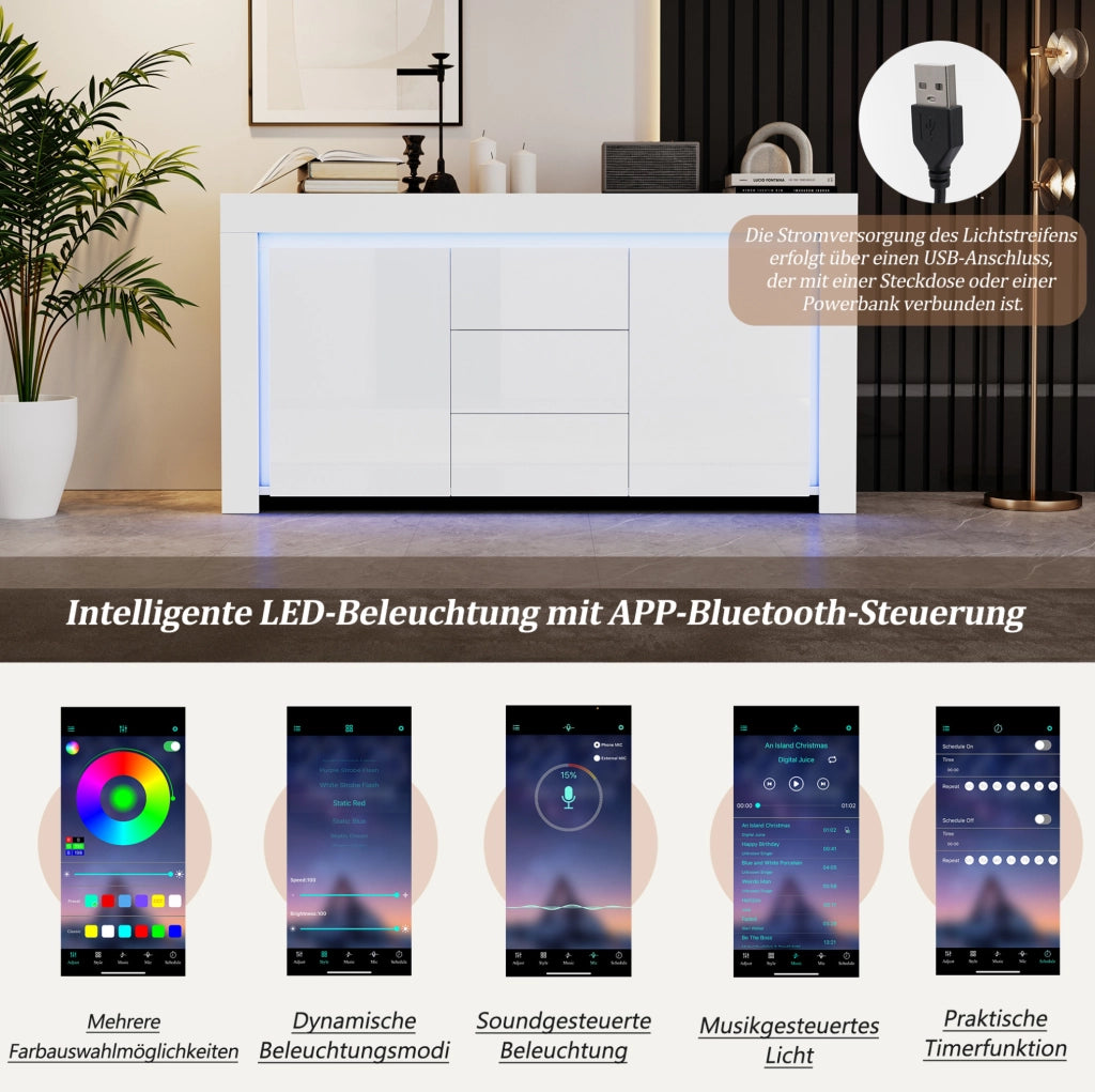 Credenza bianca lucida con 2 ante, 3 cassetti e LED