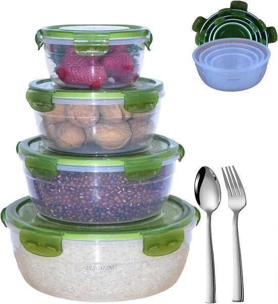 Set di contenitori per il pranzo a quattro pezzi verde - trasparente, adatto per forno a microonde e frigorifero, insieme di contenitori per cibo per scuola, ufficio e picnic