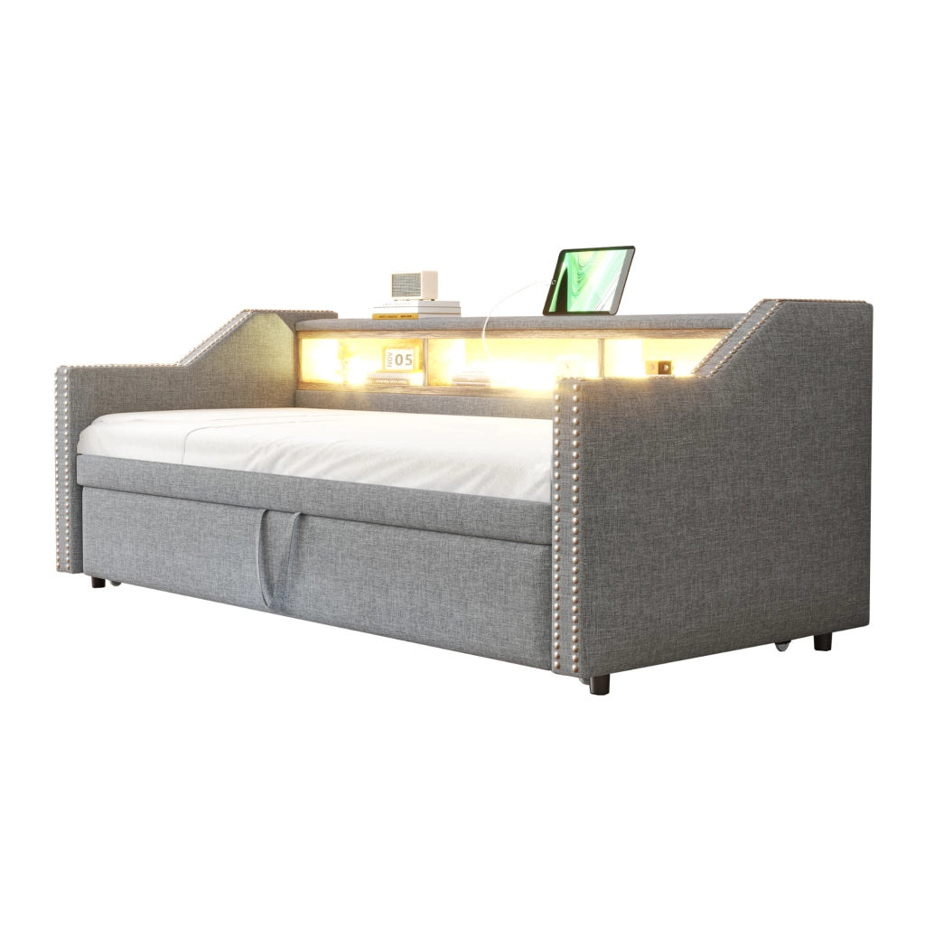 OKWISH Letto a Divano 90×190 cm, Letto Singolo con Letto Estraibile, 3 Ripiani, LED Regolabile e USB, senza Materasso, Grigio Chiaro
