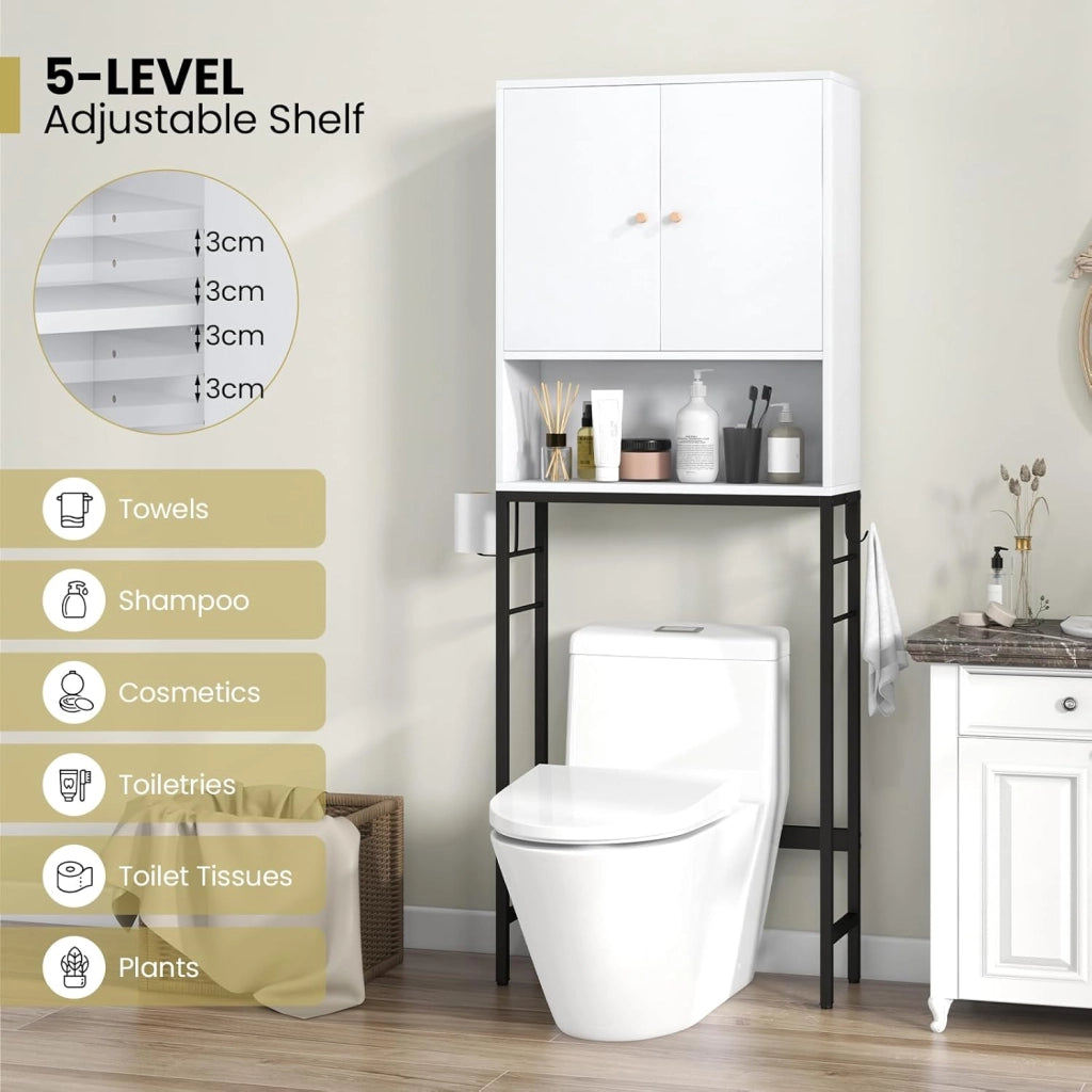 Armadio per Stoccaggio Sopra il WC, Organizzatore da Bagno con Armadietto a Doppia Porta, Scomparto Aperto, Mensola Regolabile a 5 Livelli e Barra Inferiore Regolabile (Bianco)
