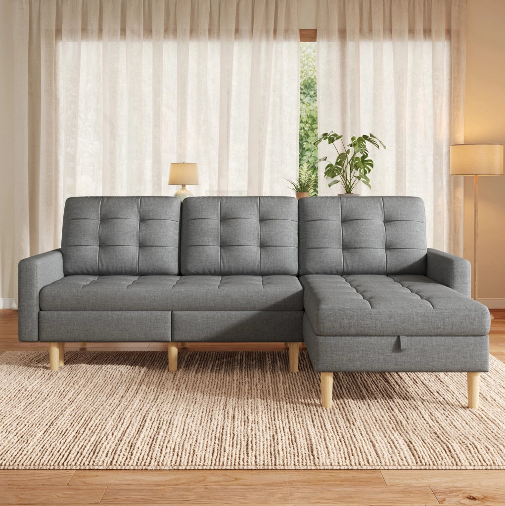 Divano angolare a L con contenitore e chaise longue reversibile, grigio